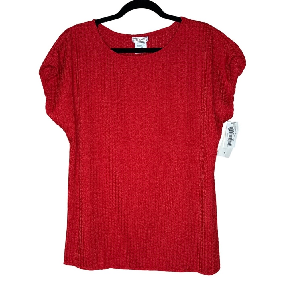 Lauren Lee Red Textured Knit Cap Sleeve Blouse Top Crew Neck Size L NWT USA made